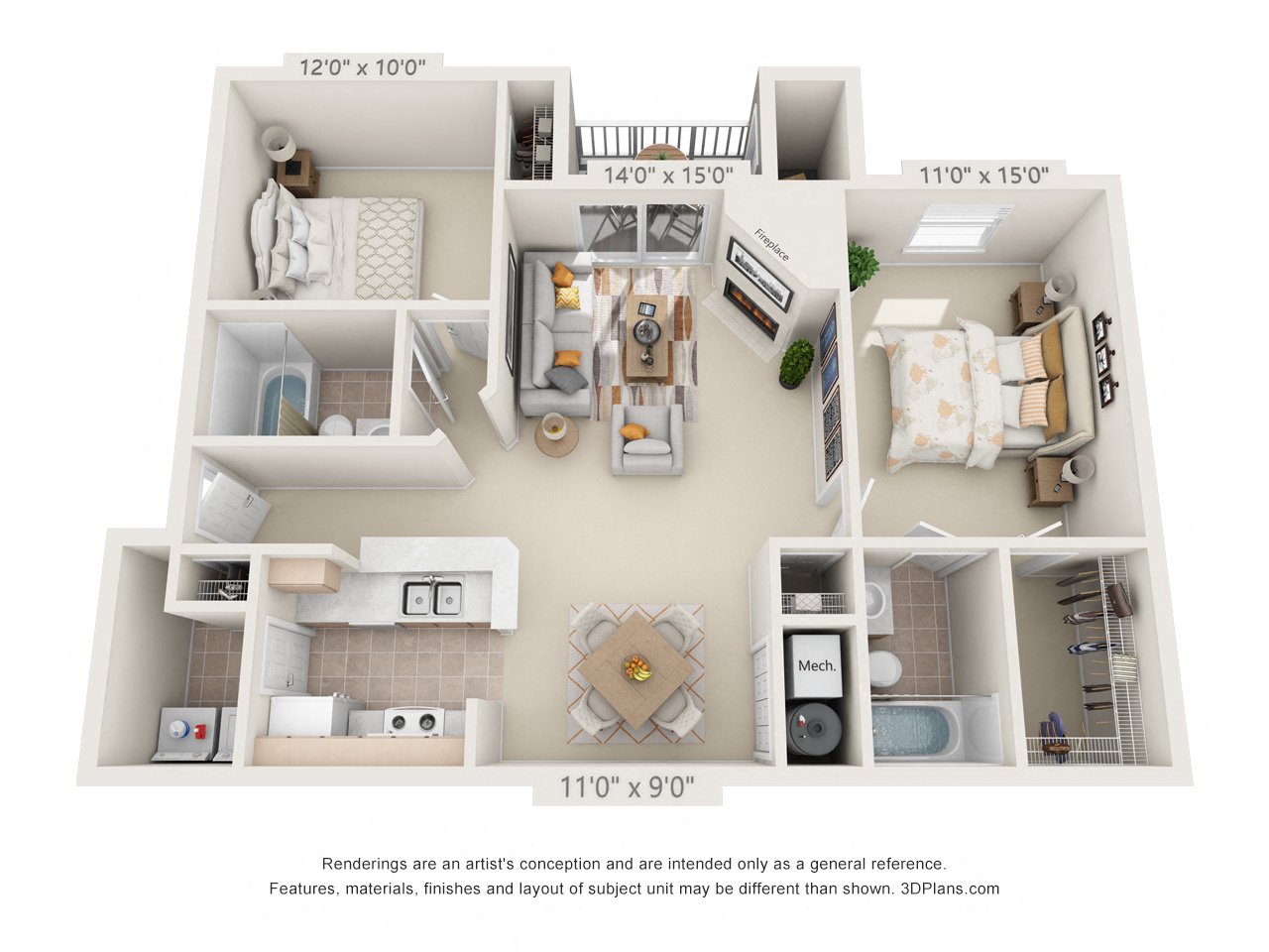 Floor plan for 2 beds, 2 baths, 1068 sqft